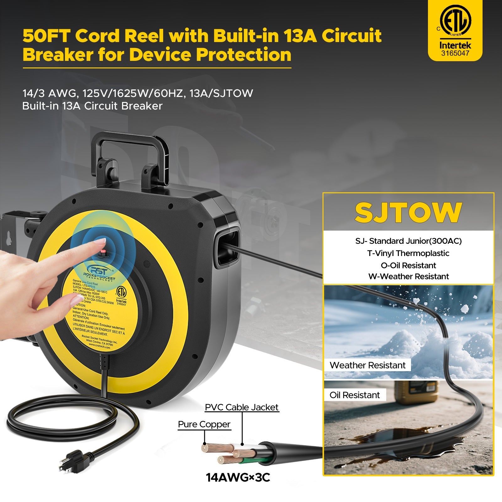 CRST 50ft Retractable Extension Cord Reel - 14AWG Heavy Duty, Lighted 3-Outlet Tap, 180° Swivel Mount, ETL Listed