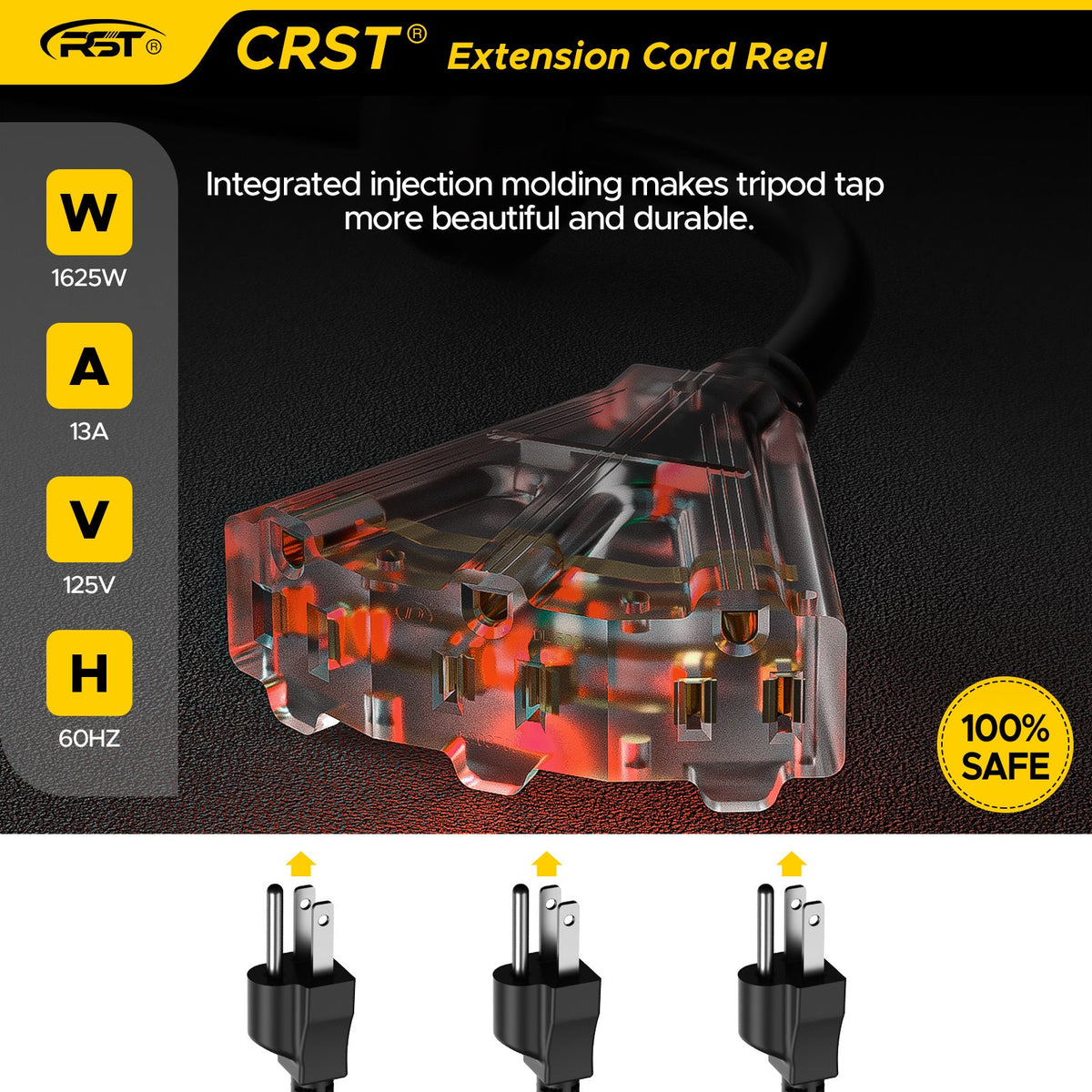 CRST 50ft Retractable Extension Cord Reel - 14AWG Heavy Duty, Lighted 3-Outlet Tap, 180° Swivel Mount, ETL Listed