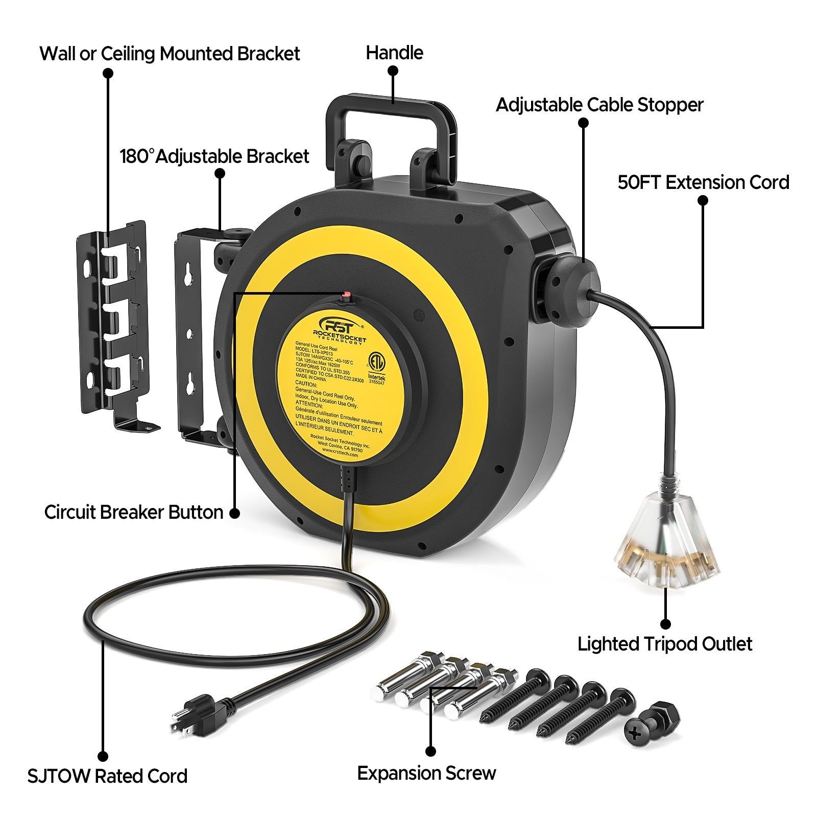 CRST 50ft Retractable Extension Cord Reel - 14AWG Heavy Duty, Lighted 3-Outlet Tap, 180° Swivel Mount, ETL Listed