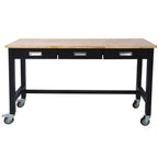 Work Bench, Workbench With Drawer Storage, Heavy Duty Bamboo Wood Work Table With Wheels For Garage Home Office