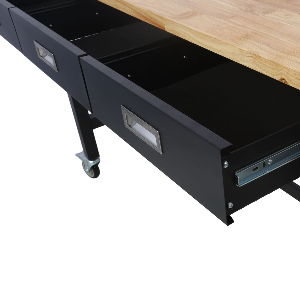 Work Bench, Workbench With Drawer Storage, Heavy Duty Bamboo Wood Work Table With Wheels For Garage Home Office