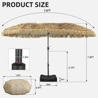 Ainfox 15ft Large Thatched Tiki Patio Umbrella with Stand and Sandbags, Outdoor Heavy-Duty Double-Sided Rectangle Market Umbrella for Garden, Deck, Backyard, Pool, Beach