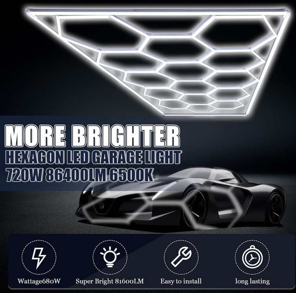 Open Box Baquler 15 Hexagon LED Garage Light System Honeycomb LED Shop Lights with White Border for Garage Workshop Car Detailing Shop Exhibition Hall