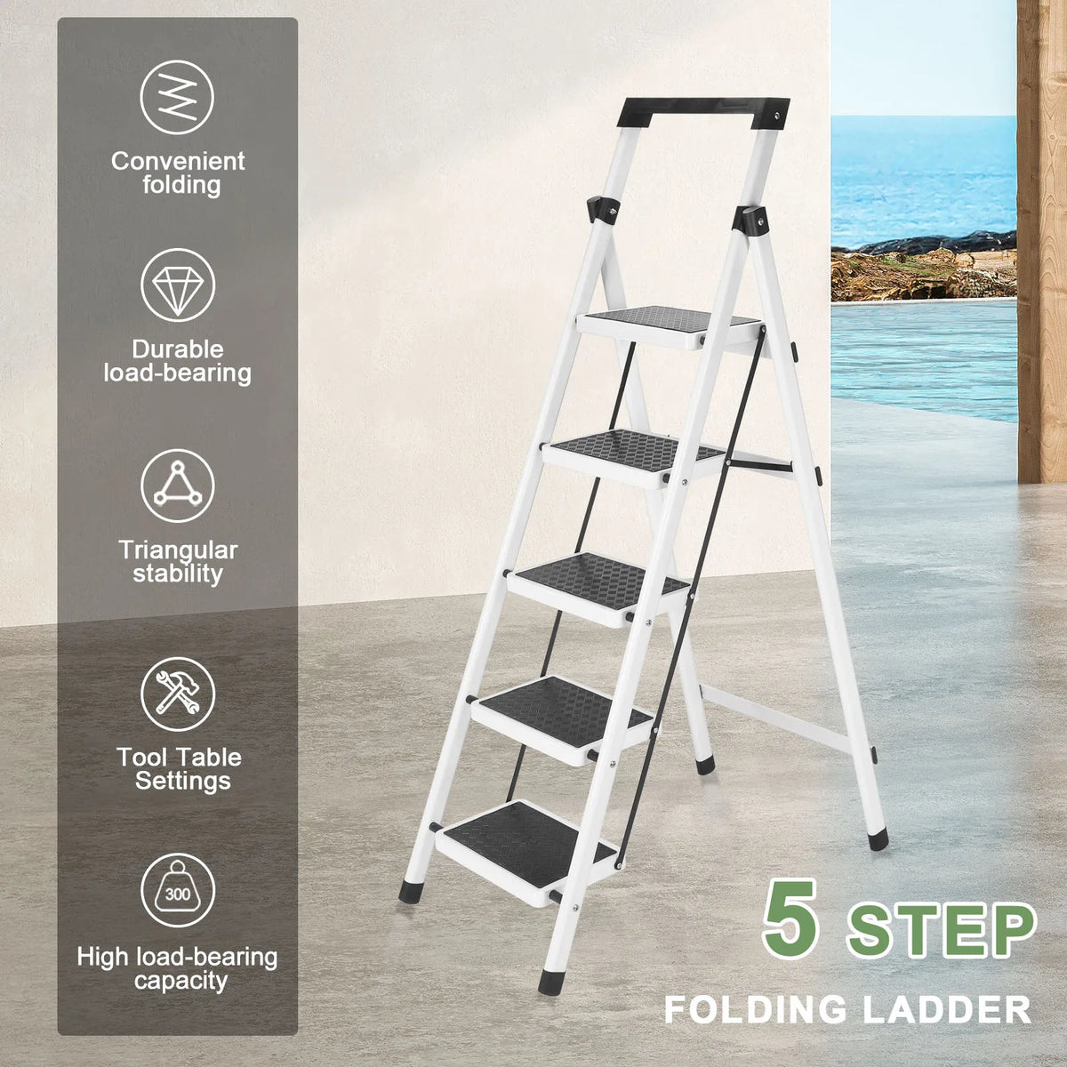 Folding Heavy Duty Step Ladder With Handrail And Grip